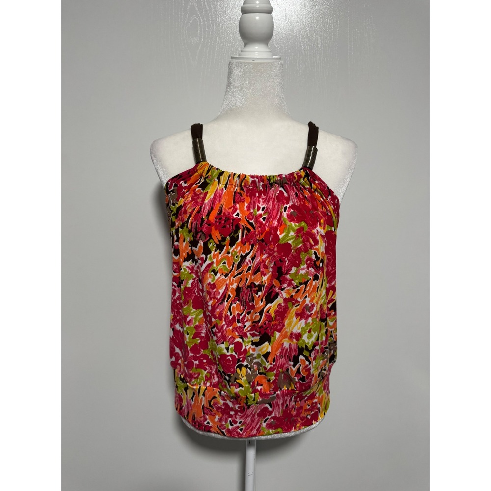 IZ Byer California Womens Floral Abstract Blouson Tank Top Pink Orange Medium